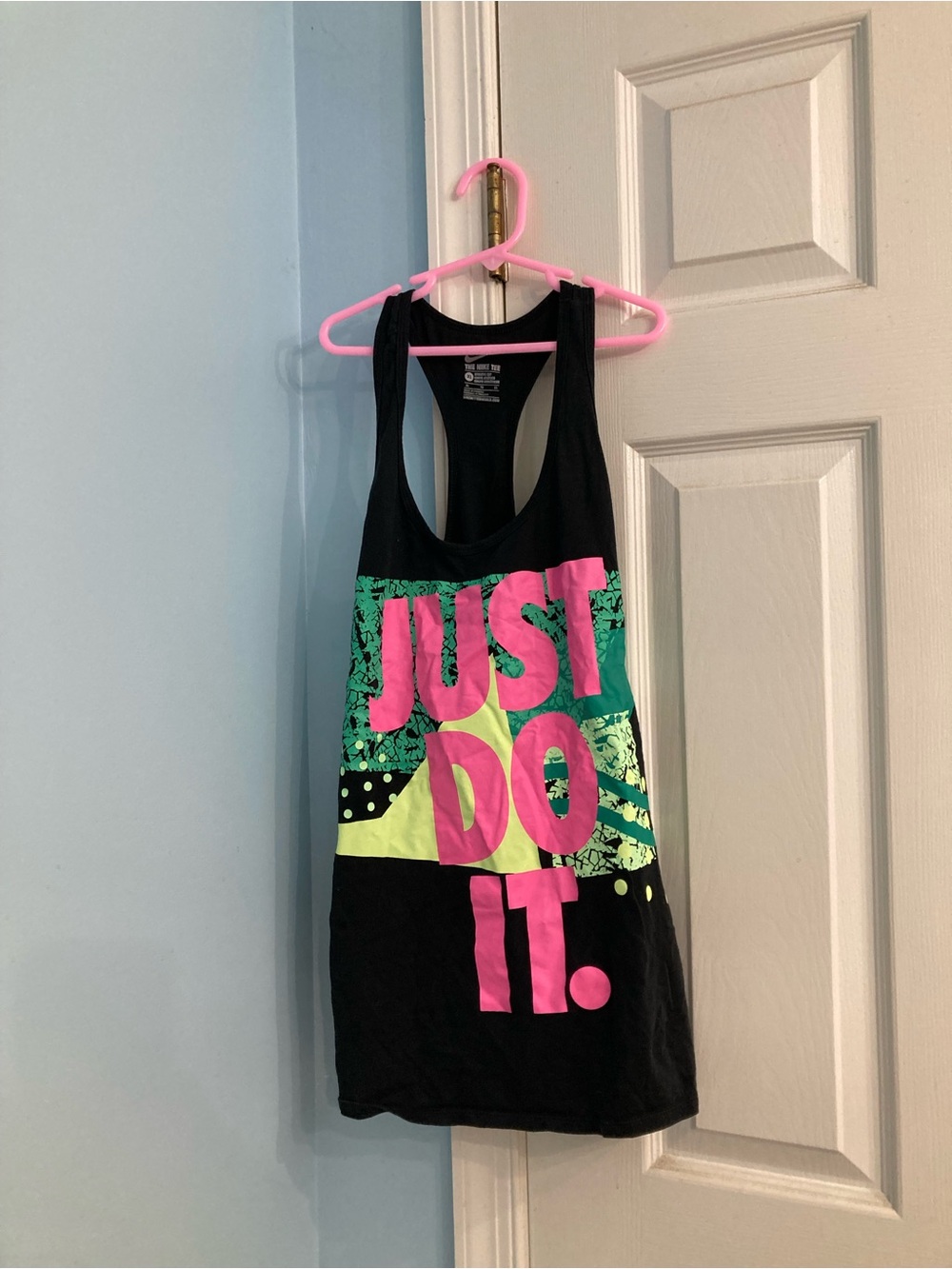 Nike Black Tank Top with Pink and Green Graphic "Just Do It."
